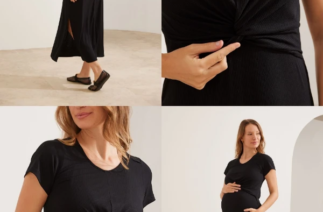 Vestido para gestante preto midi canelado com detalhe frontal e abertura lateral, modelagem confortável para gravidez e amamentação.