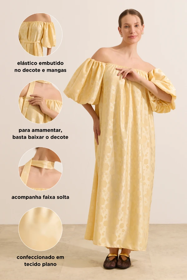 Vestido para gestante amarelo ombro a ombro com elástico no decote e modelagem confortável para amamentação.