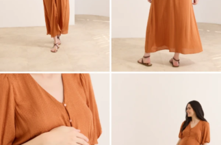 Vestido longo para gestante terracota com botões frontais e modelagem confortável que acompanha o crescimento da barriga