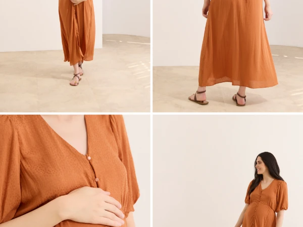 Vestido longo para gestante terracota com botões frontais e modelagem confortável que acompanha o crescimento da barriga
