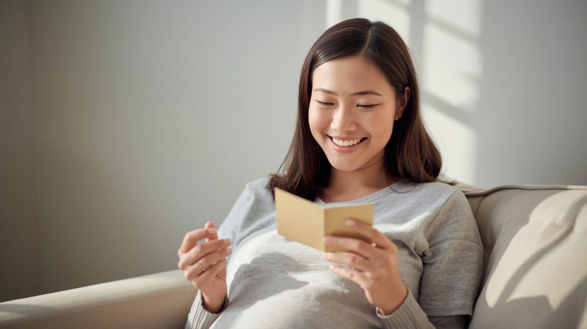 Gestante sorrindo ao ler cartão com mensagem para amiga grávida