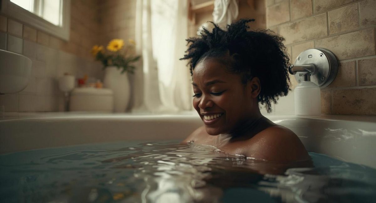 Gestante sorrindo durante o trabalho de parto na banheira com água morna em ambiente acolhedor e iluminado naturalmente.