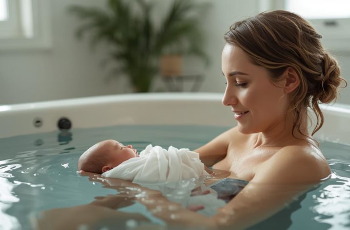 Mãe segurando o bebê recém-nascido no colo após parto na banheira, em momento de contato pele a pele dentro da água.