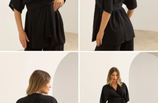 Blusa para gestante preta com transpasse e faixa ajustável, modelo confortável para gravidez e amamentação
