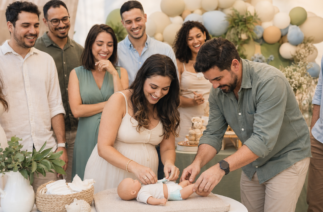 Brincadeiras para chá de bebê com homens em competição de troca de fralda durante festa mista