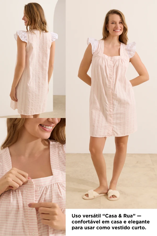 Camisola para gestante rosa com botões frontais que facilitam a amamentação e uso confortável no dia a dia