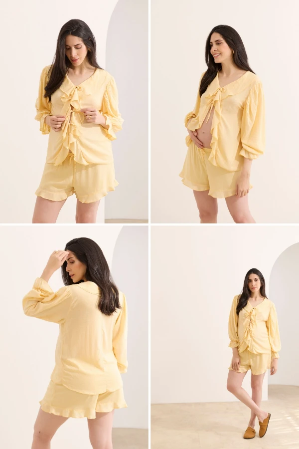 Conjunto com shorts para gestante amarelo e blusa leve ideal para looks confortáveis na gravidez