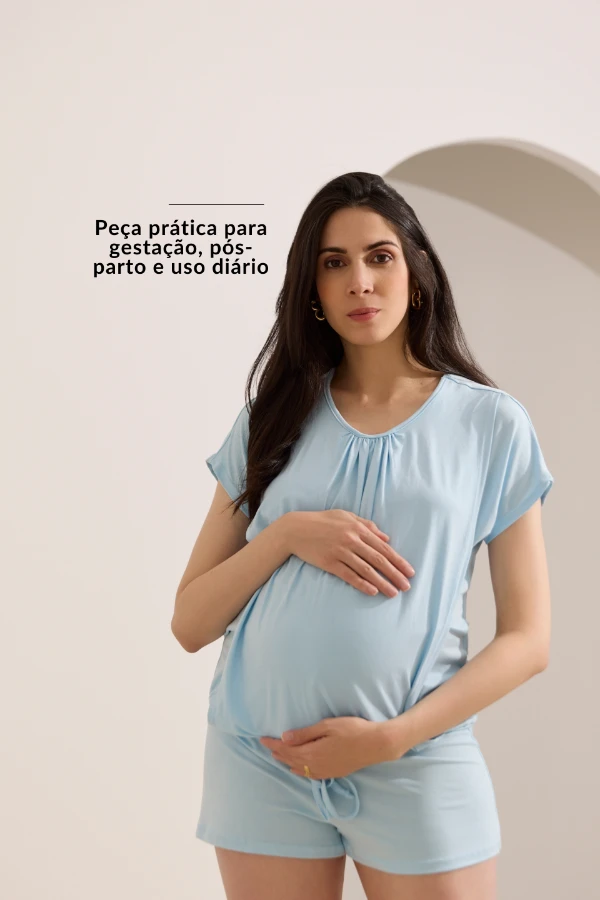pijama gestante curto azul conjunto home wear para gravidez e amamentação confortável e prático
