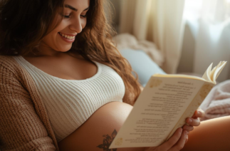 Gestante sorrindo enquanto lê um livro com frases para gestantes, acariciando a barriga durante a gravidez