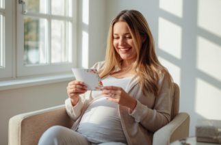 Mensagem para amiga grávida sendo lida por gestante feliz no sofá