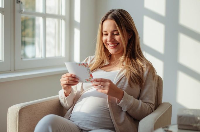 Mensagem para amiga grávida sendo lida por gestante feliz no sofá