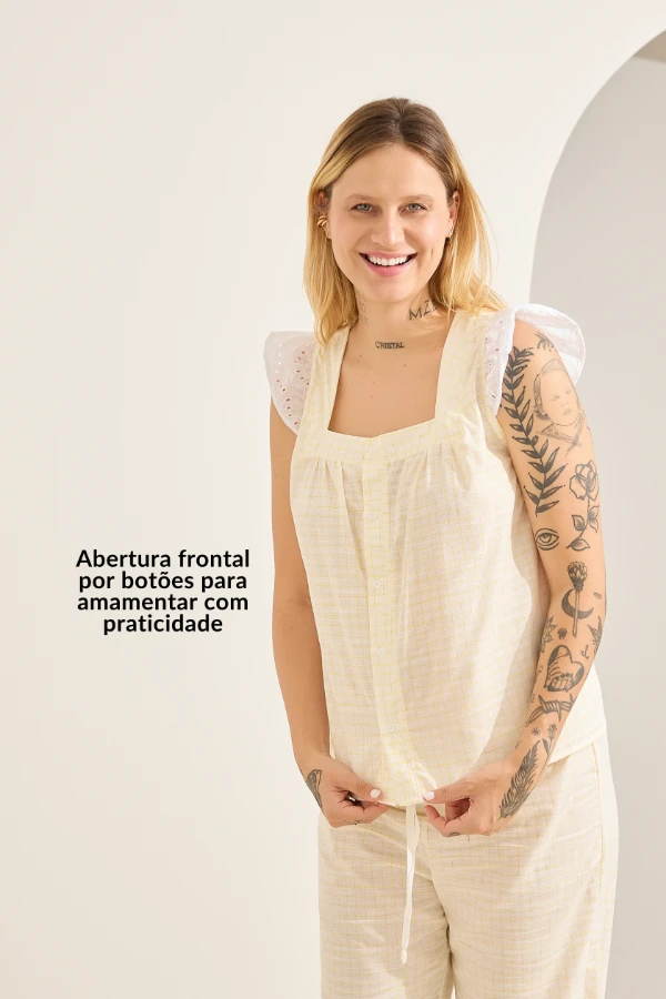 pijama para gestante de algodão com laise xadrez amarelo confortável para maternidade e amamentação