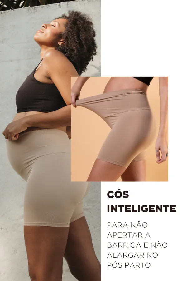 Short gestante anti atrito nude com cós anatômico que não aperta a barriga durante a gestação