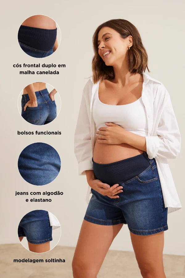 Shorts jeans para gestante com cós ajustável e elastano para conforto na gravidez e pós parto
