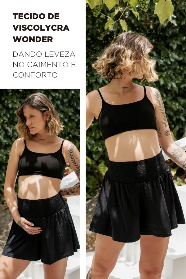 Shorts para gestante soltinho preto com cós confortável e tecido leve para gravidez