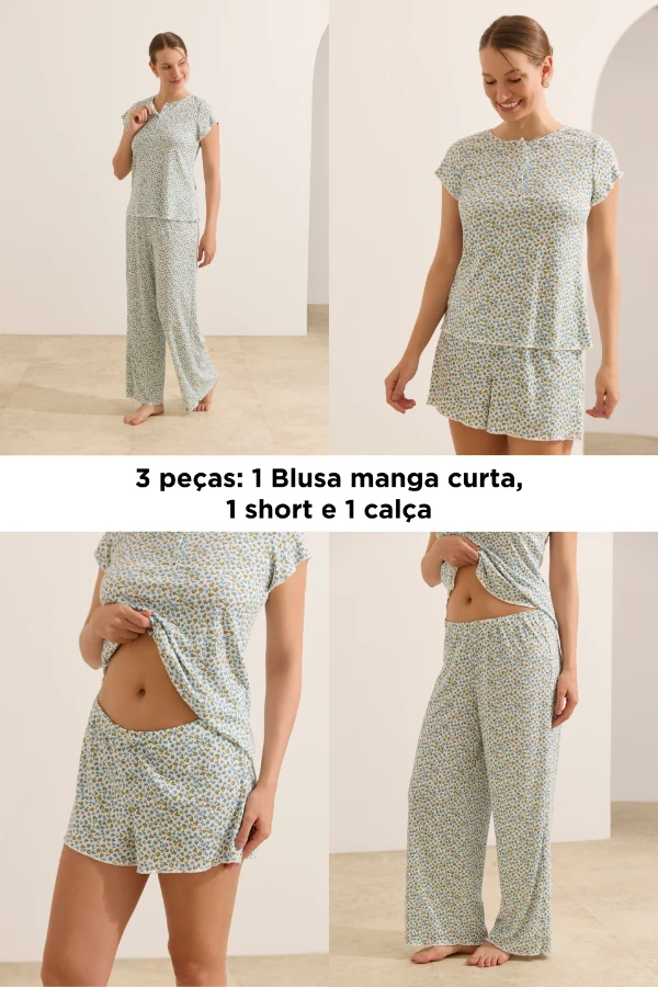 pijama gestante trijama floral com short e calça cós regulável confortável para gravidez e pós-parto