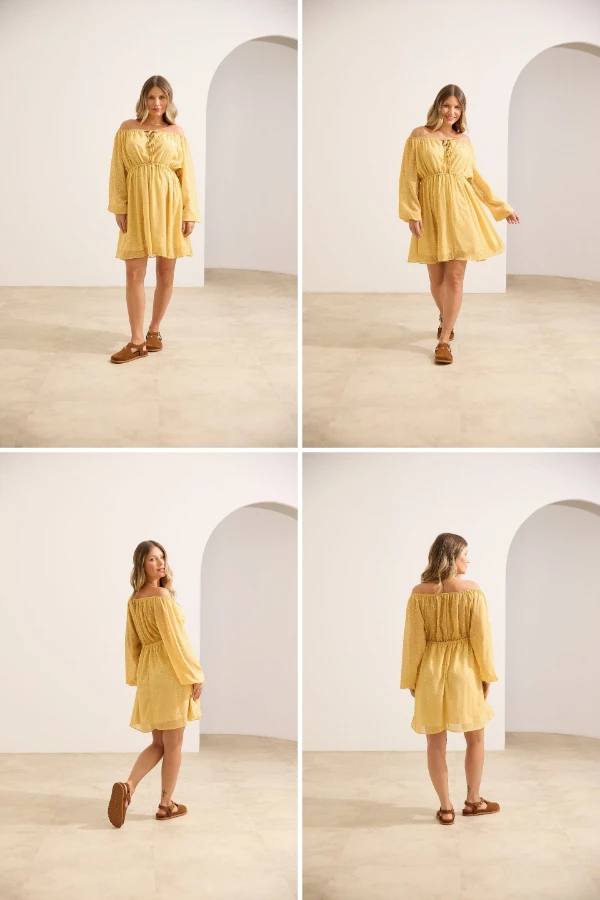 Vestido curto gestante amarelo para chá de bebê durante o dia