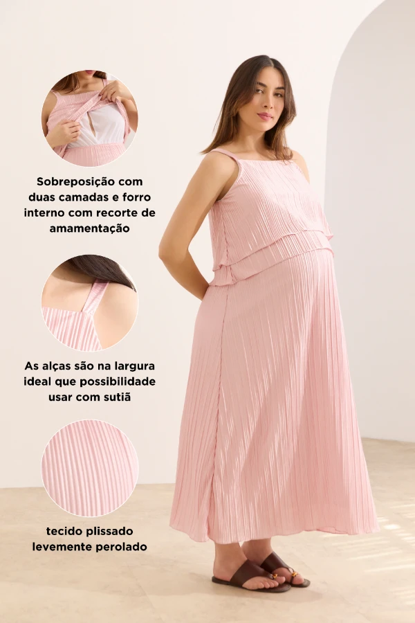 Vestido para gestante longo plissado rosa com sobreposição e abertura interna para facilitar a amamentação