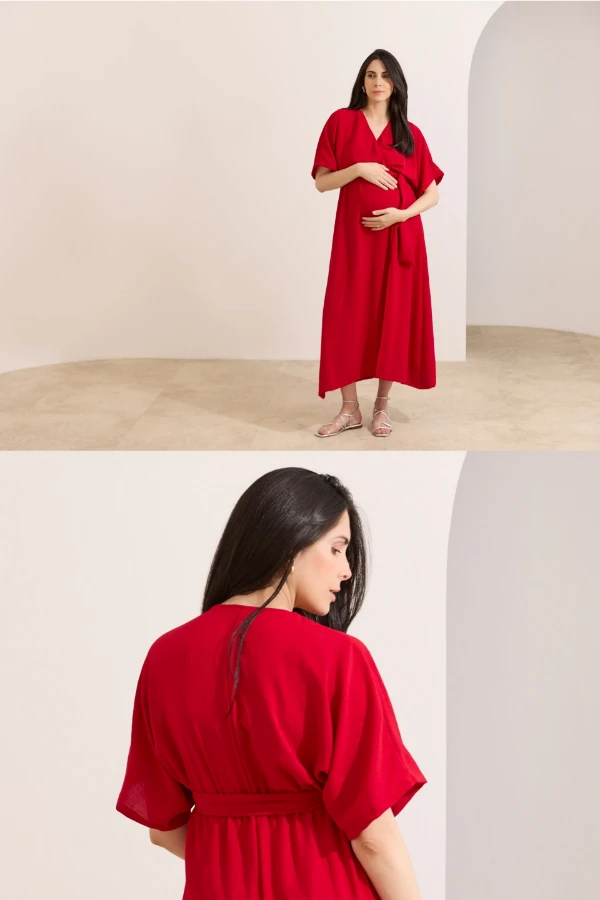 Vestido midi vermelho gestante elegante para usar no chá de bebê