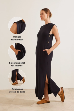 Roupas de grávida estilosa com vestido preto confortável para viagem e amamentação