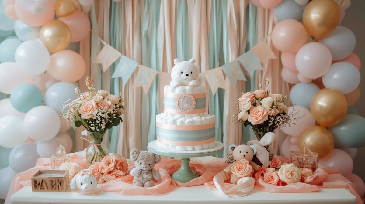 Decoração de chá de fraldas com bolo de fraldas, flores em tons pastel e balões delicados