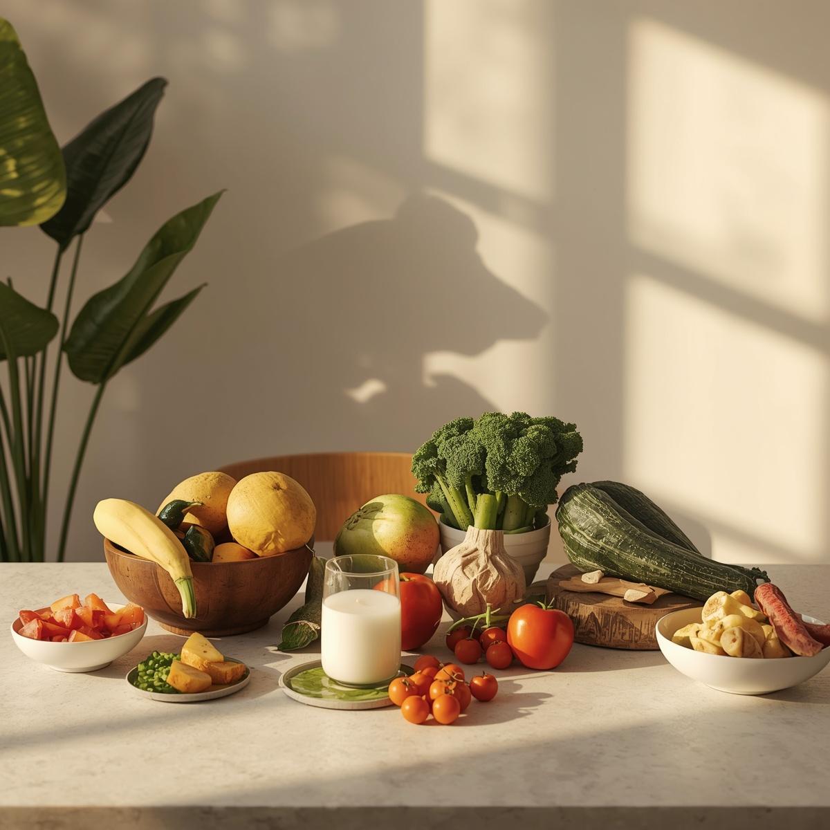 alimentação para gestante com alimentos naturais como leite, brócolis, frutas e legumes em ambiente caseiro, mostrando alimentação saudável na gravidez