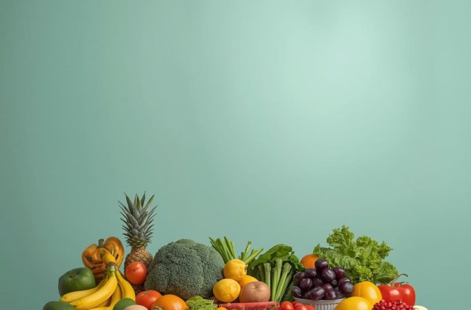 alimentação para gestante com frutas, verduras e legumes variados organizados sobre mesa, representando alimentação saudável durante a gravidez