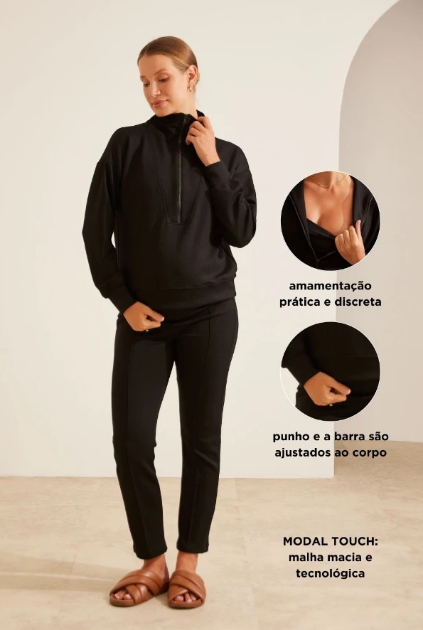Moda gestante inverno com blusa preta de zíper e calça preta confortável para gestante