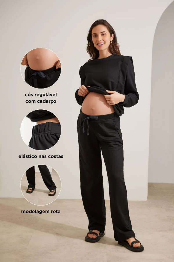 Blusa preta de moda gestante inverno com tecido confortável, elástico e zíper frontal