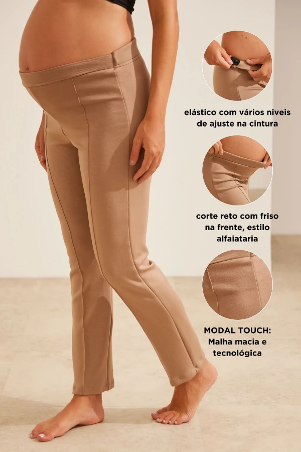 Calça bege de moda gestante inverno com ajuste na cintura para gestante e pós-parto