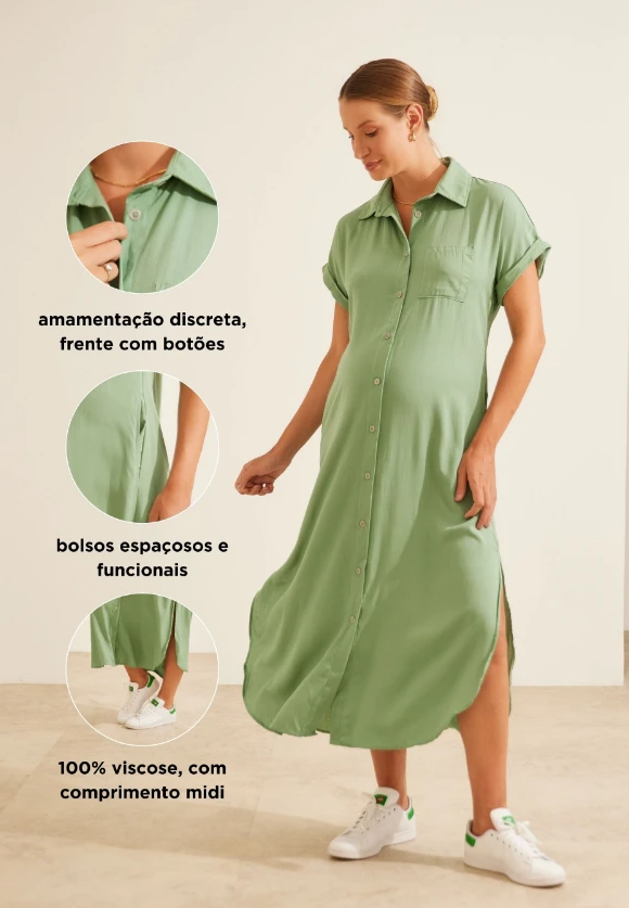 vestido soltinho para gestante camisão em viscose verde claro, modelo confortável para o dia a dia e amamentação