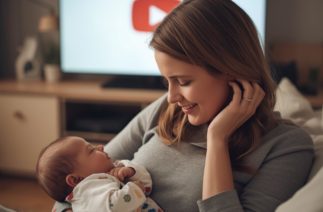 Mãe com bebê no colo em frente à TV com tela do YouTube, ilustrando a busca por canais de maternidade no YouTube com conteúdos sobre rotina, gestação e cuidados com o bebê.