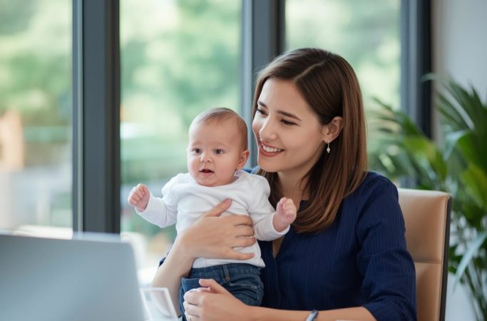 mulher conciliando maternidade e carreira em home office enquanto cuida do bebê no colo
