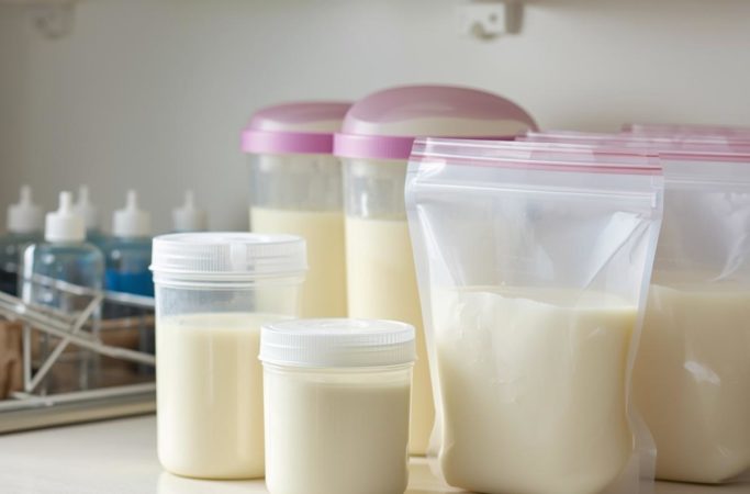 Potes e saquinhos com leite materno armazenado sobre bancada, mostrando formas práticas de conservar o leite materno em casa