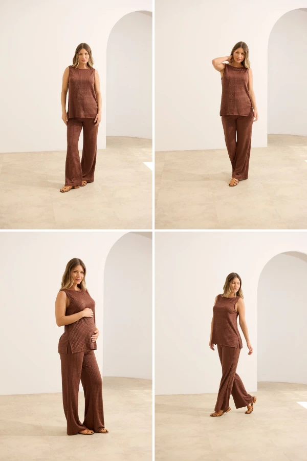 Roupas para ensaio gestante: conjunto marrom confortável para fotos elegantes e naturais