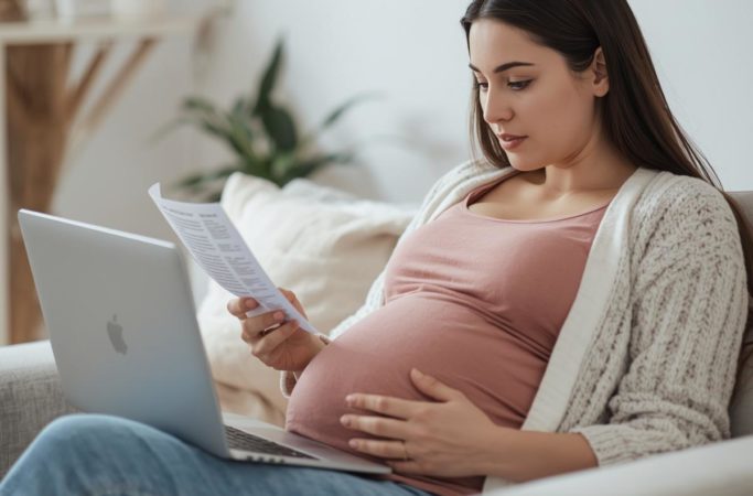 Gestante pesquisando sobre estabilidade gestante no trabalho usando notebook no sofá