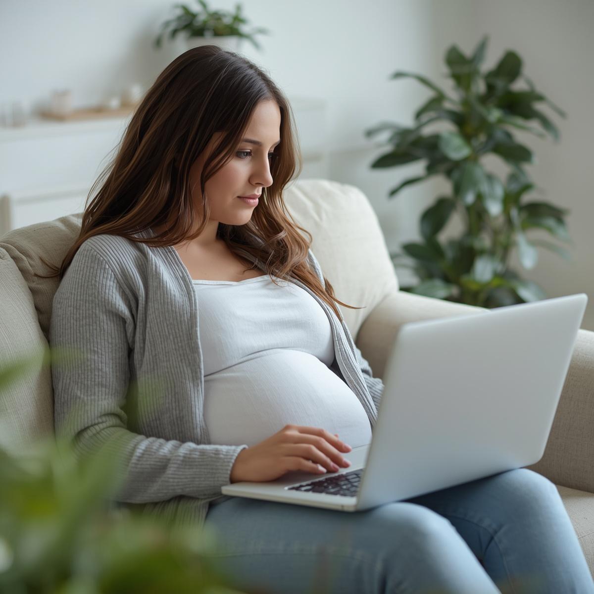 gestante olhando documentos sobre estabilidade gestante no notebook em casa