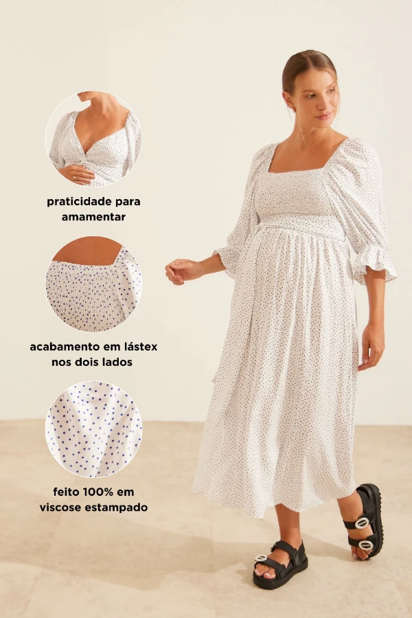 Roupas para ensaio gestante: vestido branco com poá azul para fotos delicadas e atemporais
