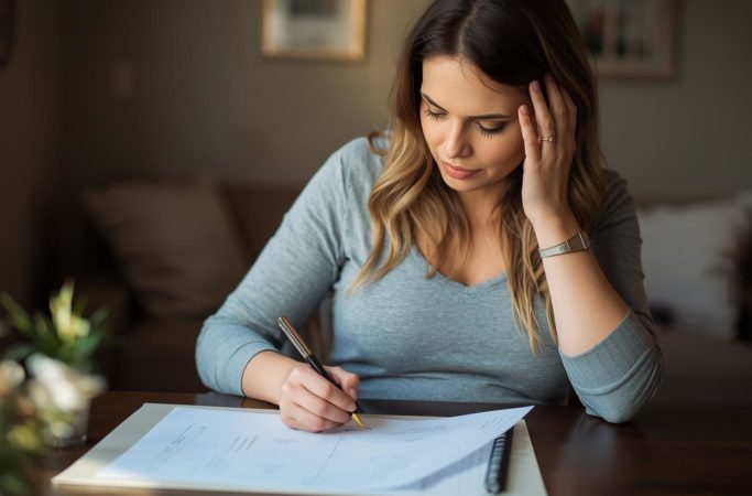 Gestante preenchendo o plano de parto em casa, organizando suas preferências para o nascimento do bebê