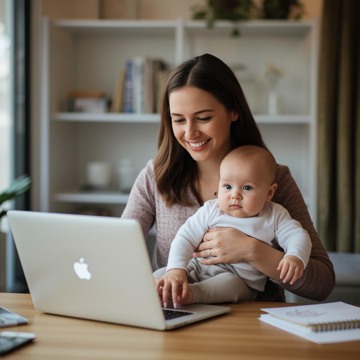 mãe trabalhando no notebook com bebê no colo mostrando a rotina de maternidade e carreira no