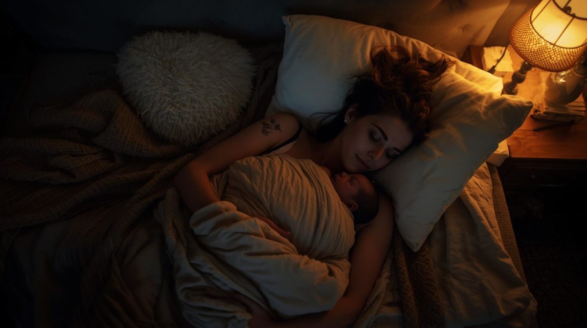 Mãe no puerpério dormindo com recém-nascido no colo durante a noite