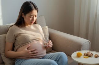 Remédio para enjoo na gravidez: grávida sentada no sofá com mal-estar segurando água, com limão e gengibre ao lado