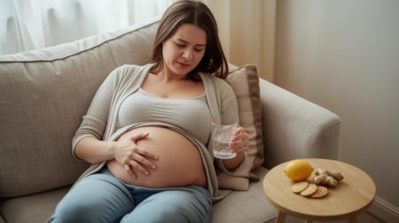 Remédio para enjoo na gravidez: gestante com enjoo segurando a barriga e um copo de água, com limão e biscoitos ao lado