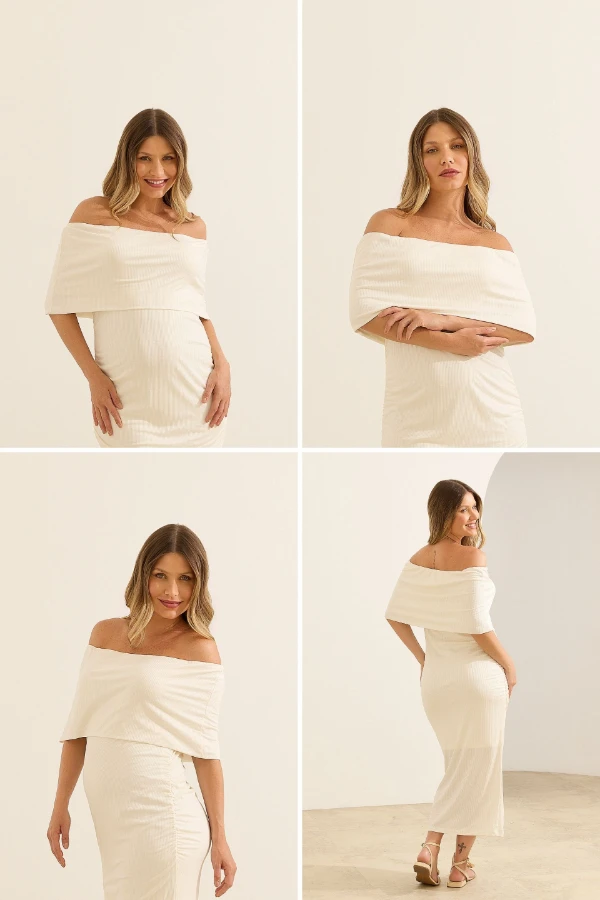 Roupas para ensaio gestante: vestido off-white canelado para ensaio minimalista e elegante