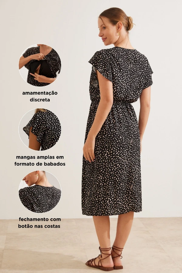 vestido soltinho para gestante midi estampado com babados, look leve e com movimento para gravidez