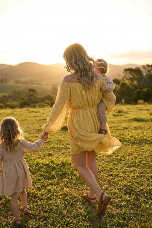 Roupas para ensaio gestante: vestido amarelo fluido em ensaio ao ar livre com pôr do sol