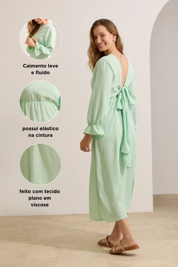 vestido soltinho para gestante longo verde claro 2 em 1, modelo fluido confortável e versátil para gravidez