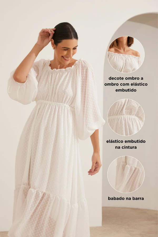 vestido soltinho para gestante ombro a ombro branco com poá jacquard, modelo elegante para ocasiões especiais