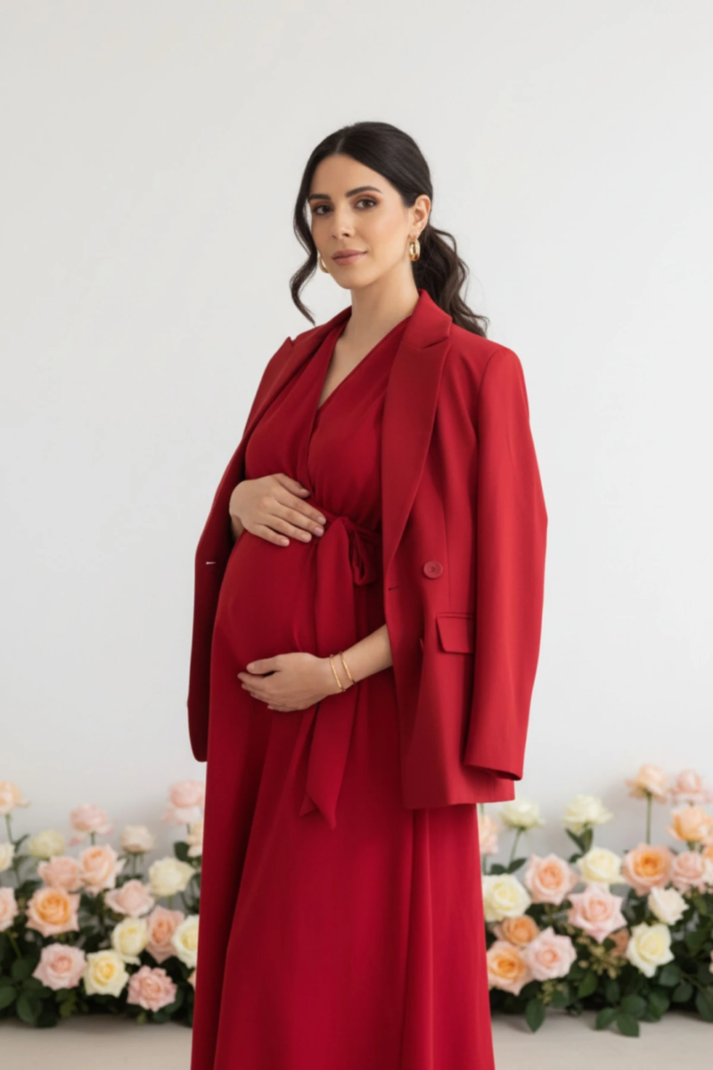 Gestante usando vestido envelope midi vermelho com faixa na cintura e blazer vermelho sobre os ombros em cenário com flores claras.