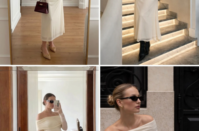 Gestante usando vestido longo pérola ombro a ombro com mangas longas e drapeado, em composição com bolsa e botas pretas.